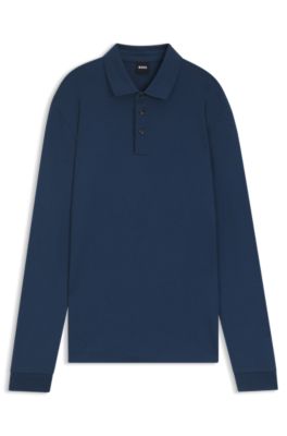 Long-sleeved polo shirt in interlock cotton with logo, Dark Blue