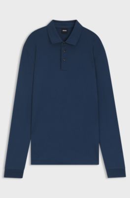 Polo &agrave; manches longues en coton interlock avec logo, Bleu fonc&eacute;