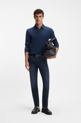 Polo &agrave; manches longues en coton interlock avec logo, Bleu fonc&eacute;
