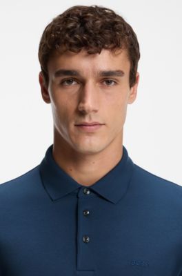 Polo &agrave; manches longues en coton interlock avec logo, Bleu fonc&eacute;