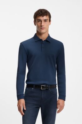 Polo &agrave; manches longues en coton interlock avec logo, Bleu fonc&eacute;