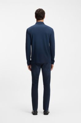 Polo &agrave; manches longues en coton interlock avec logo, Bleu fonc&eacute;