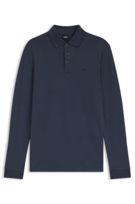 Long-sleeved polo shirt in interlock cotton with logo, Dark Blue