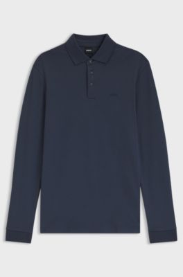 Long-sleeved polo shirt in interlock cotton with logo, Dark Blue