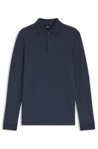 Long-sleeved polo shirt in interlock cotton with logo, Dark Blue
