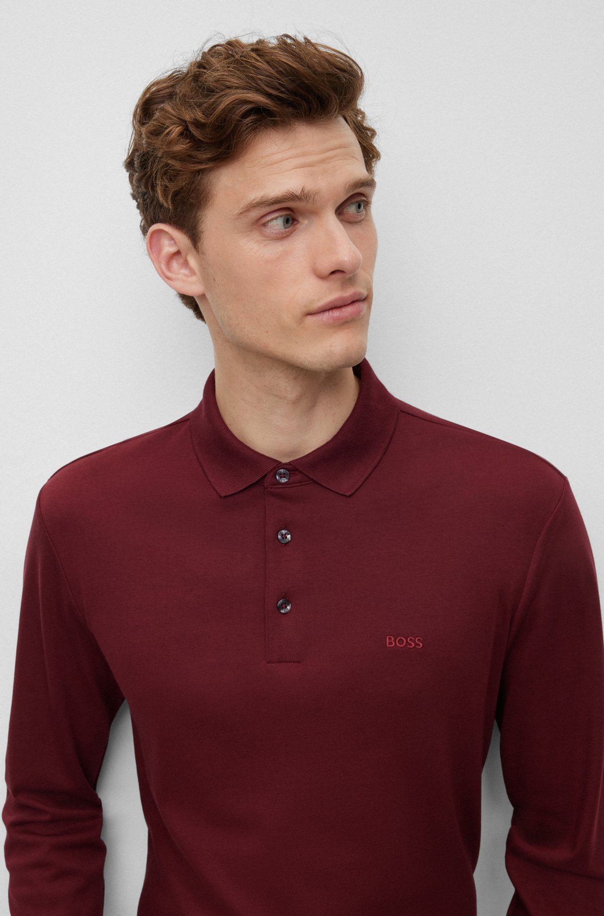Interlock-cotton polo shirt with embroidered logo, Dark Red