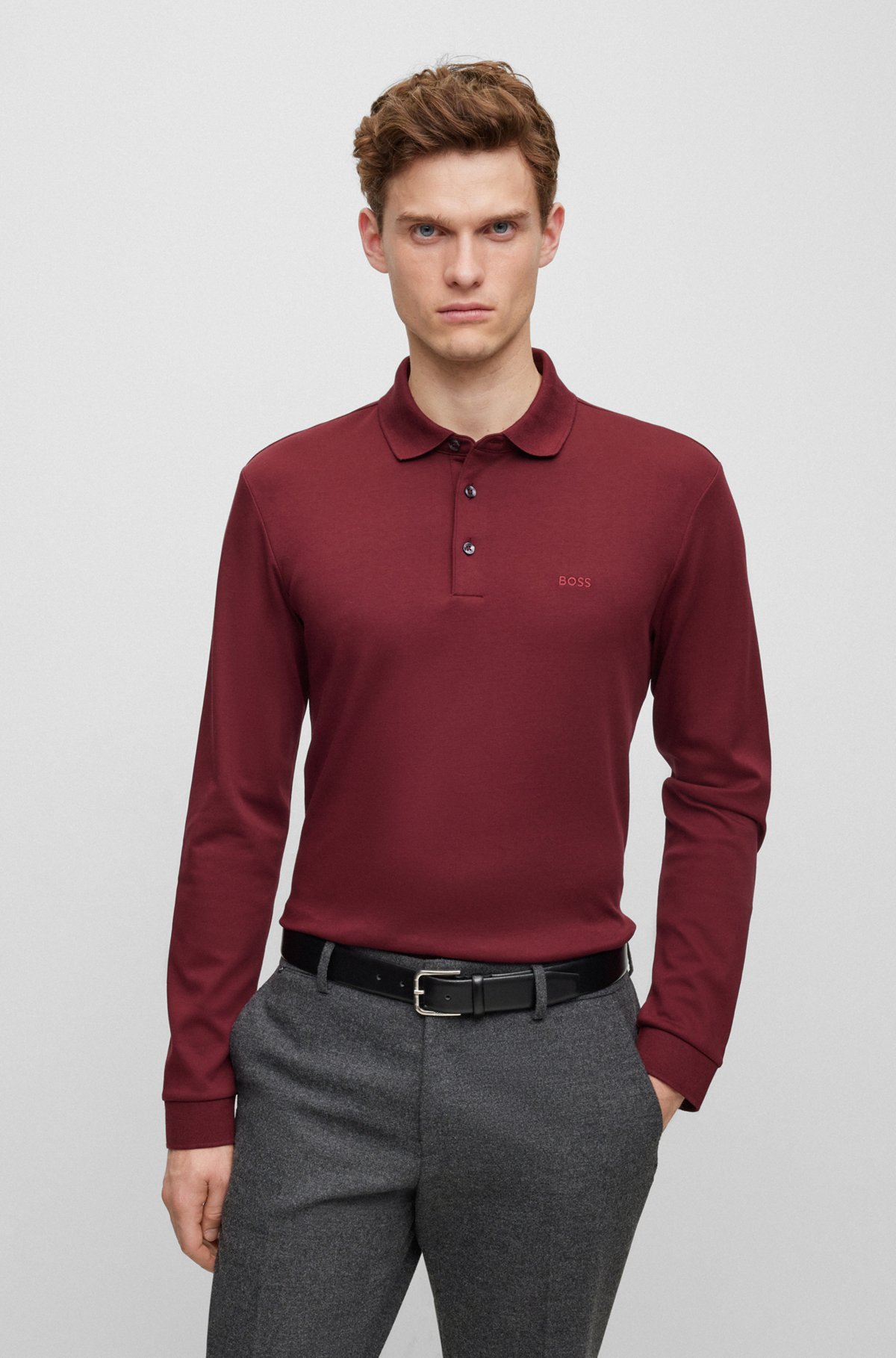 Interlock-cotton polo shirt with embroidered logo, Dark Red