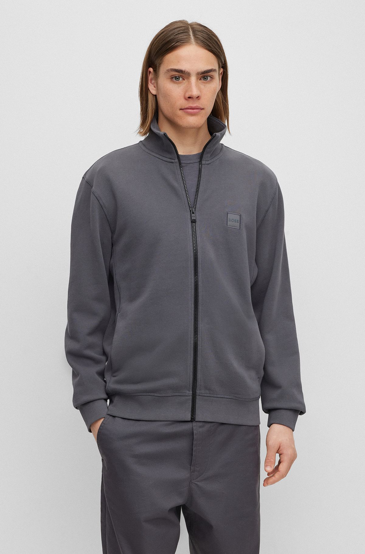 Cotton-terry zip-up jacket with logo patch, Dark Grey