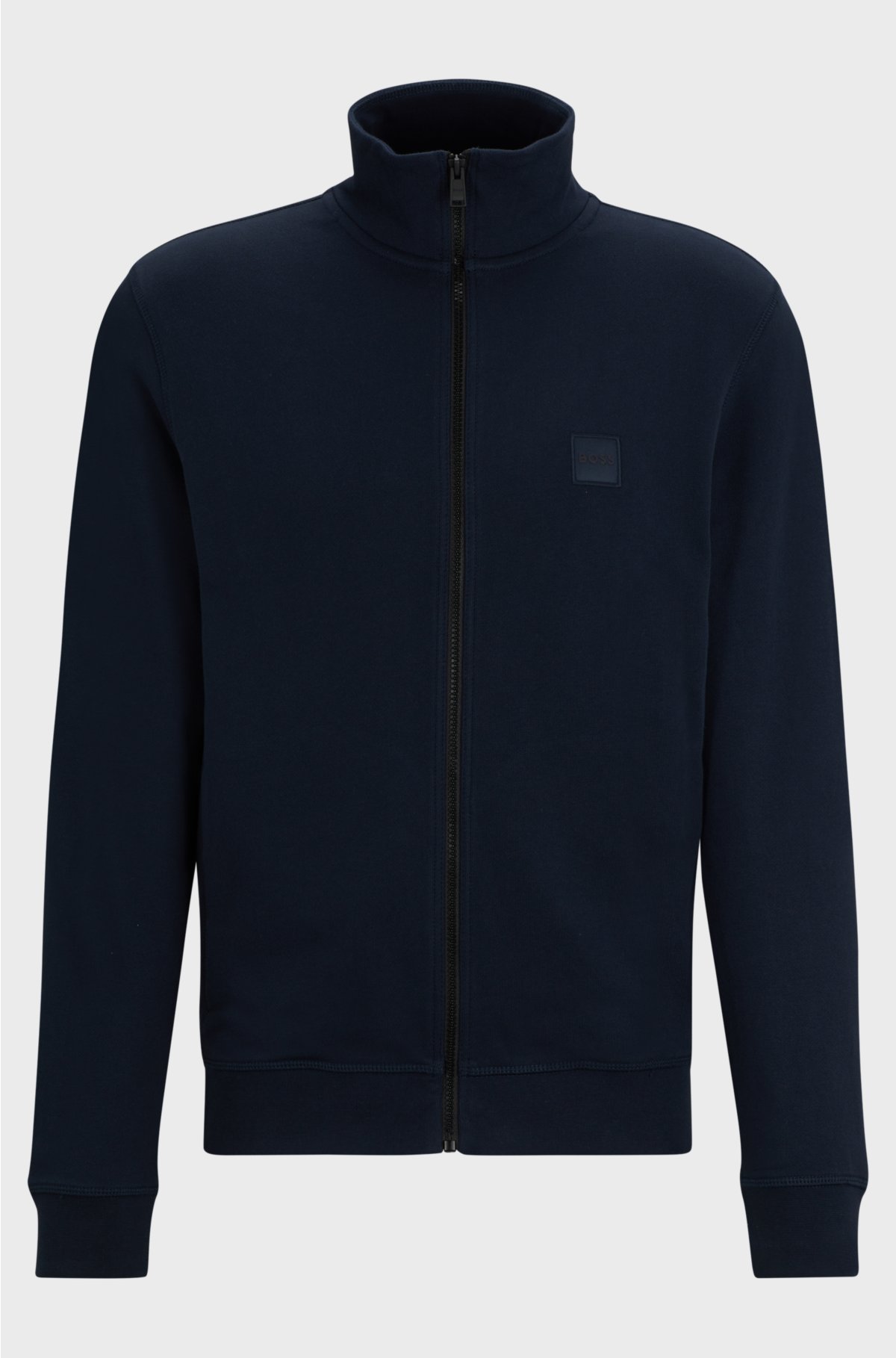 Cotton-terry zip-up jacket with logo patch, Dark Blue