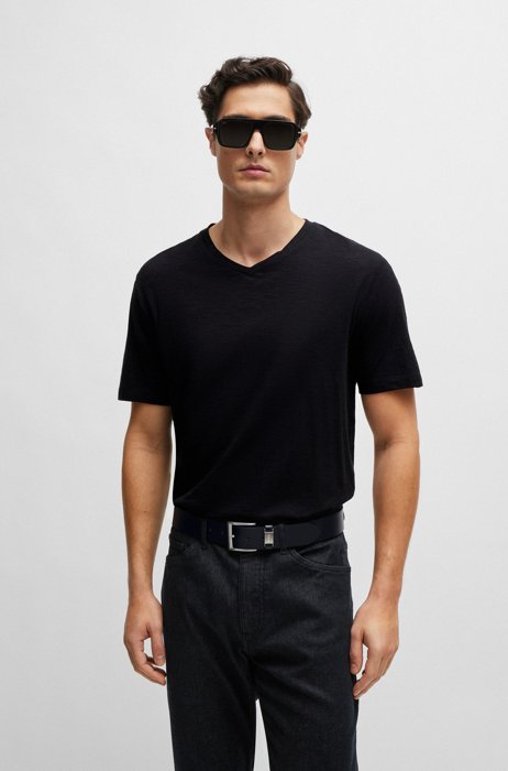 T-shirt Regular Fit en coton mercerisé à col V, Noir