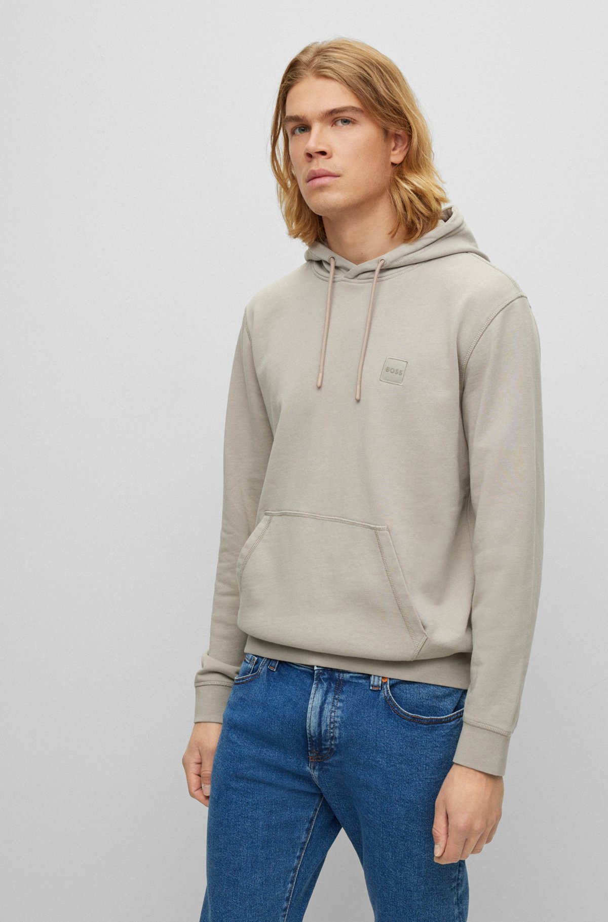 French-terry-cotton hooded sweatshirt with logo patch, Light Grey