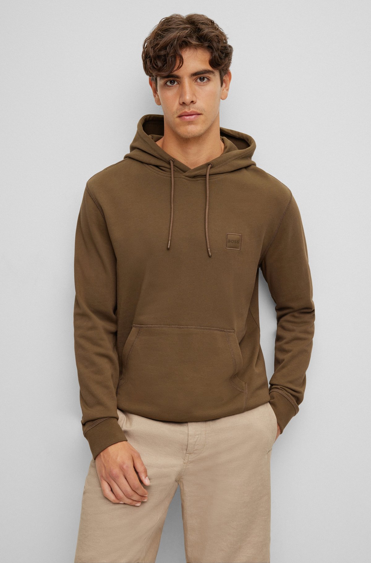 Cotton-terry hoodie with logo patch, Brown