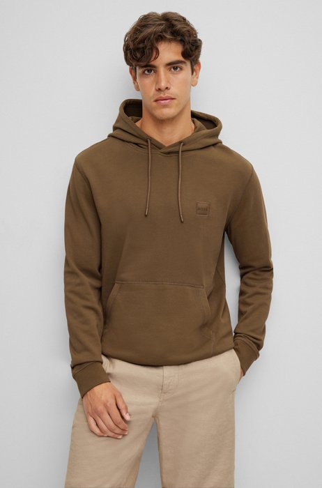 French-terry-cotton hooded sweatshirt with logo patch, Dark Green