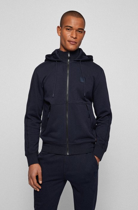 Cotton-terry hooded jacket with logo patch, Dark Blue