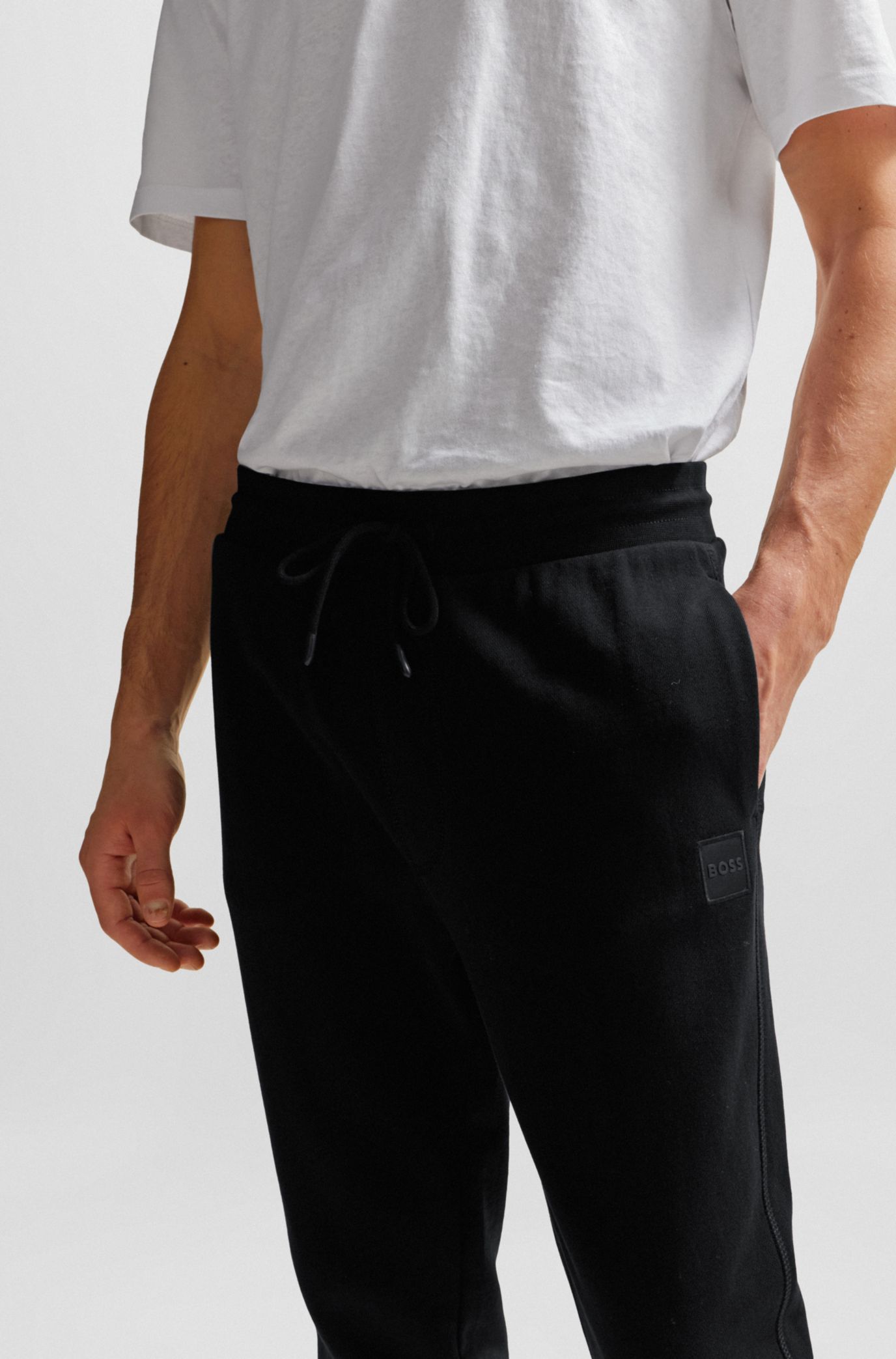 BOSS Cotton terry tracksuit bottoms with logo patch