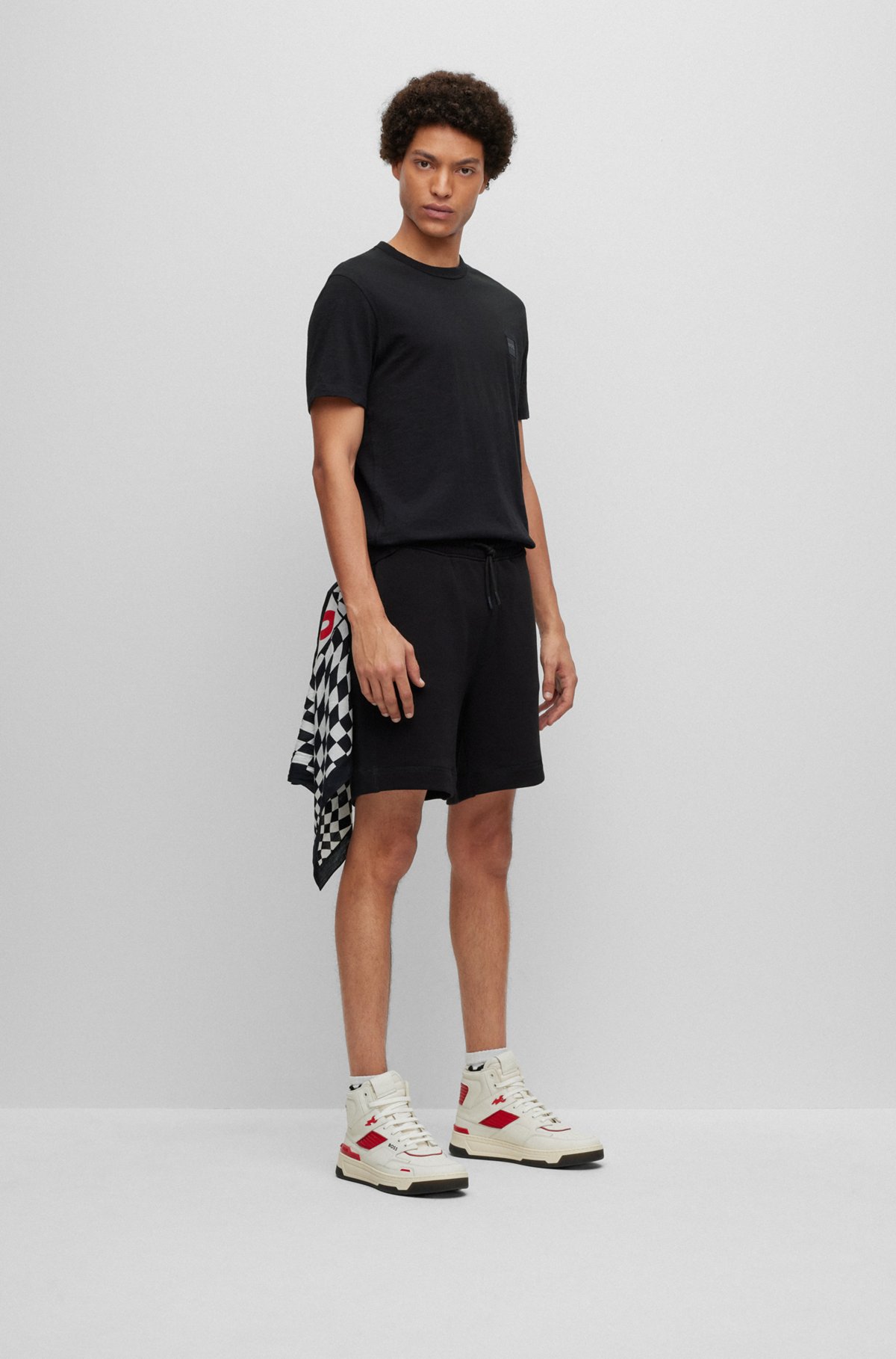 Drawstring shorts in French terry cotton with logo patch, Black