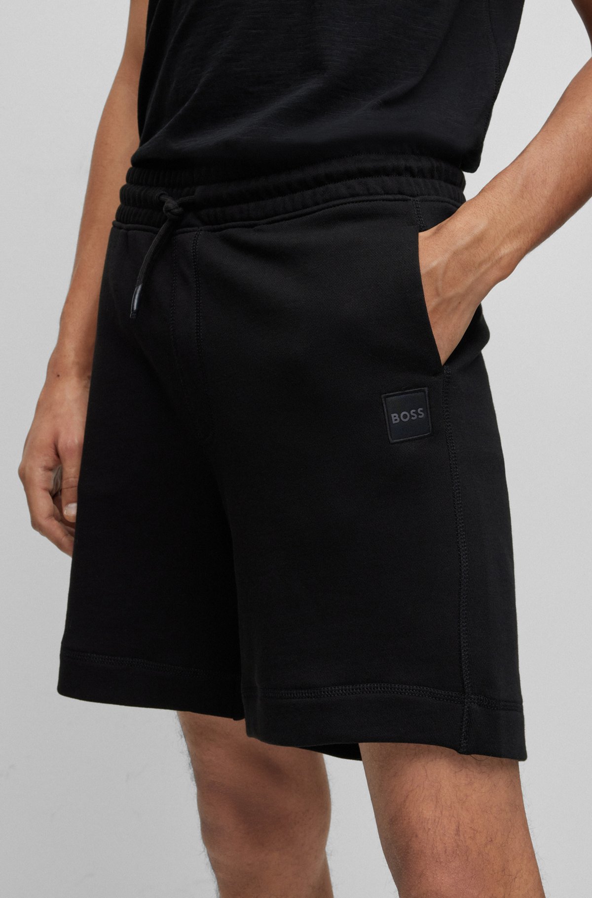 Short en molleton de coton avec cordon de serrage et patch logo, Noir