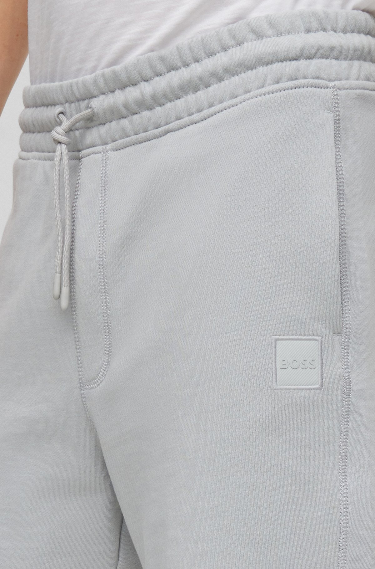 Drawstring shorts in French terry cotton with logo patch, Light Grey