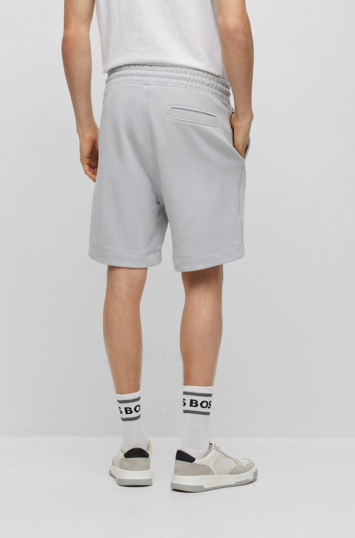 Drawstring shorts in French terry cotton with logo patch, Light Grey