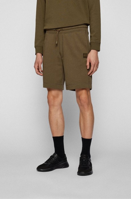 Drawstring shorts in French terry cotton with logo patch, Dark Green