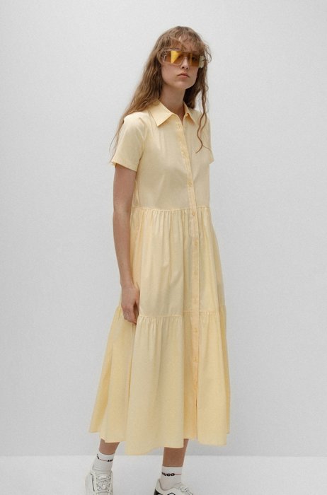 Easy-iron cotton-blend shirt dress with tiered skirt, Light Yellow