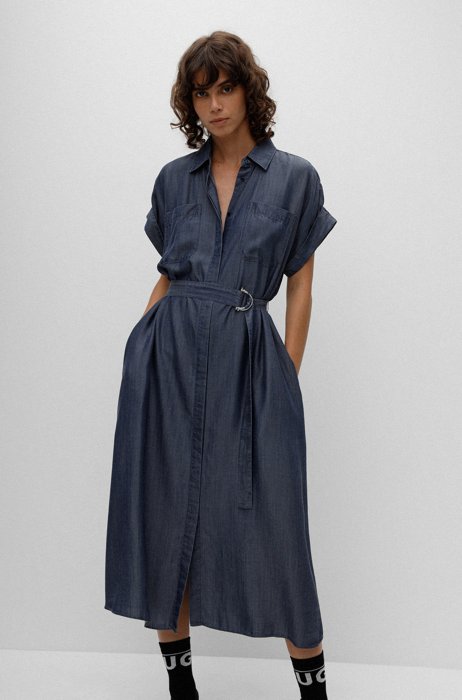 Belted shirt dress in TENCEL™ Lyocell with patch pockets, Dark Blue