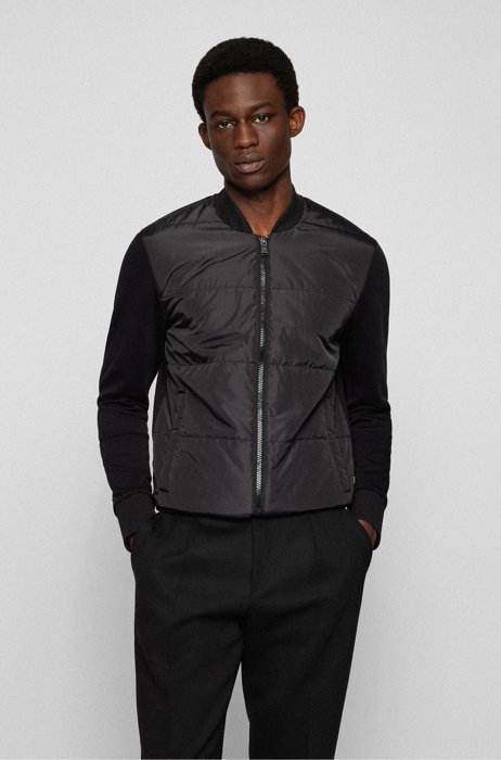 Zip-up sweatshirt in organic cotton and technical fabric, Black