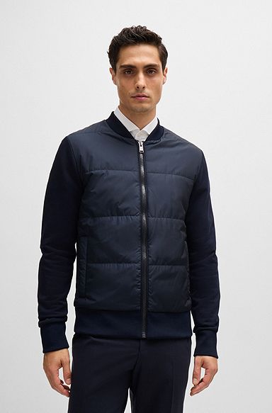 Zip-up sweatshirt in organic cotton and technical fabric, Dark Blue