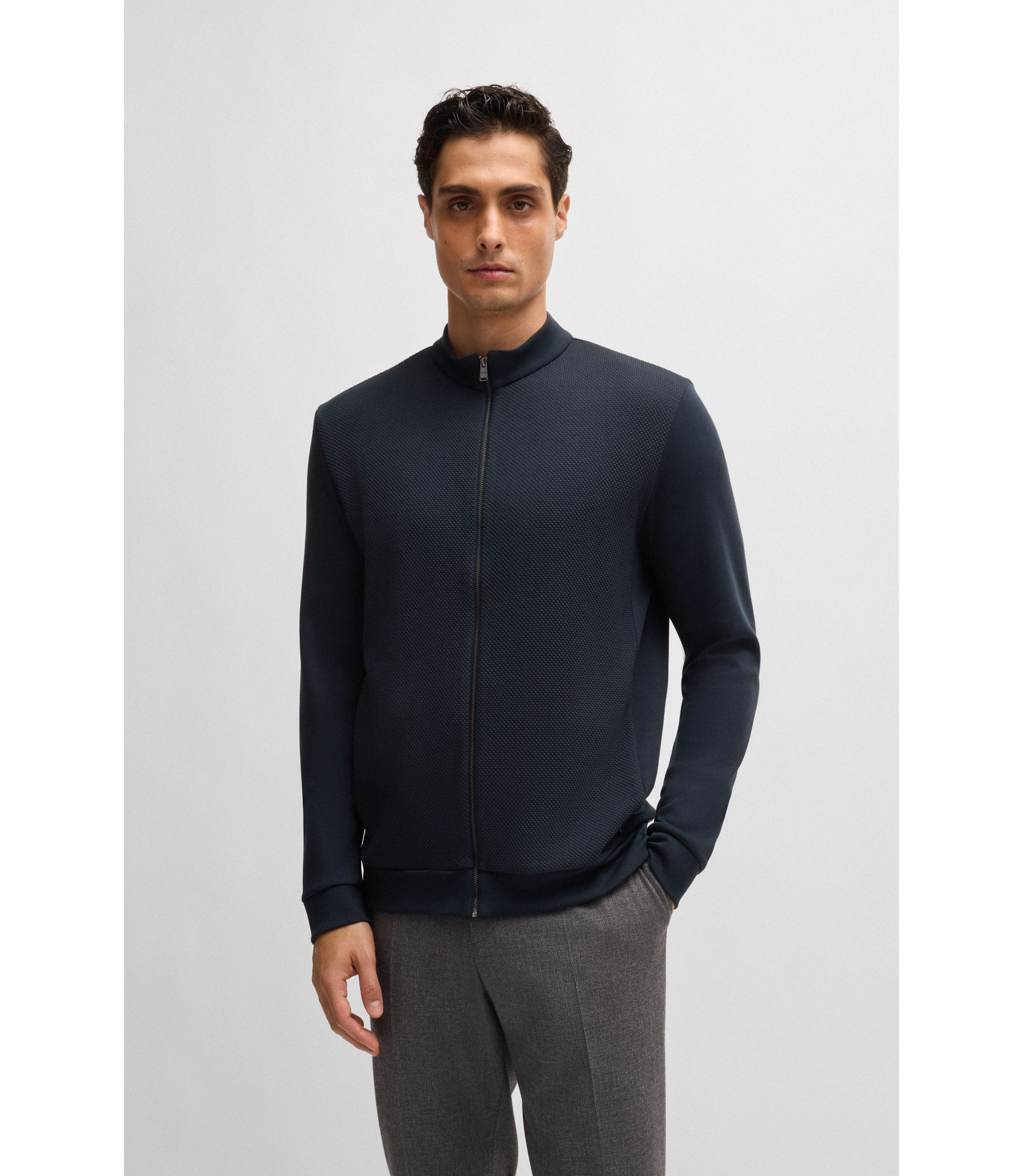 【美品】HUGO BOSS super130 セットアップ IT50 ネイビー BOSS - Regular-fit zipped sweatshirt in mixed materials - Dark Blue