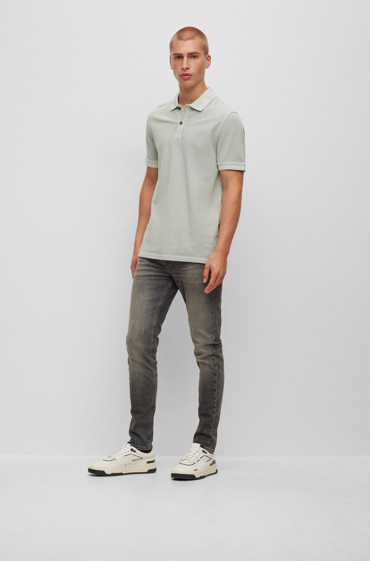 Slim-fit polo shirt in cotton piqué, Grey