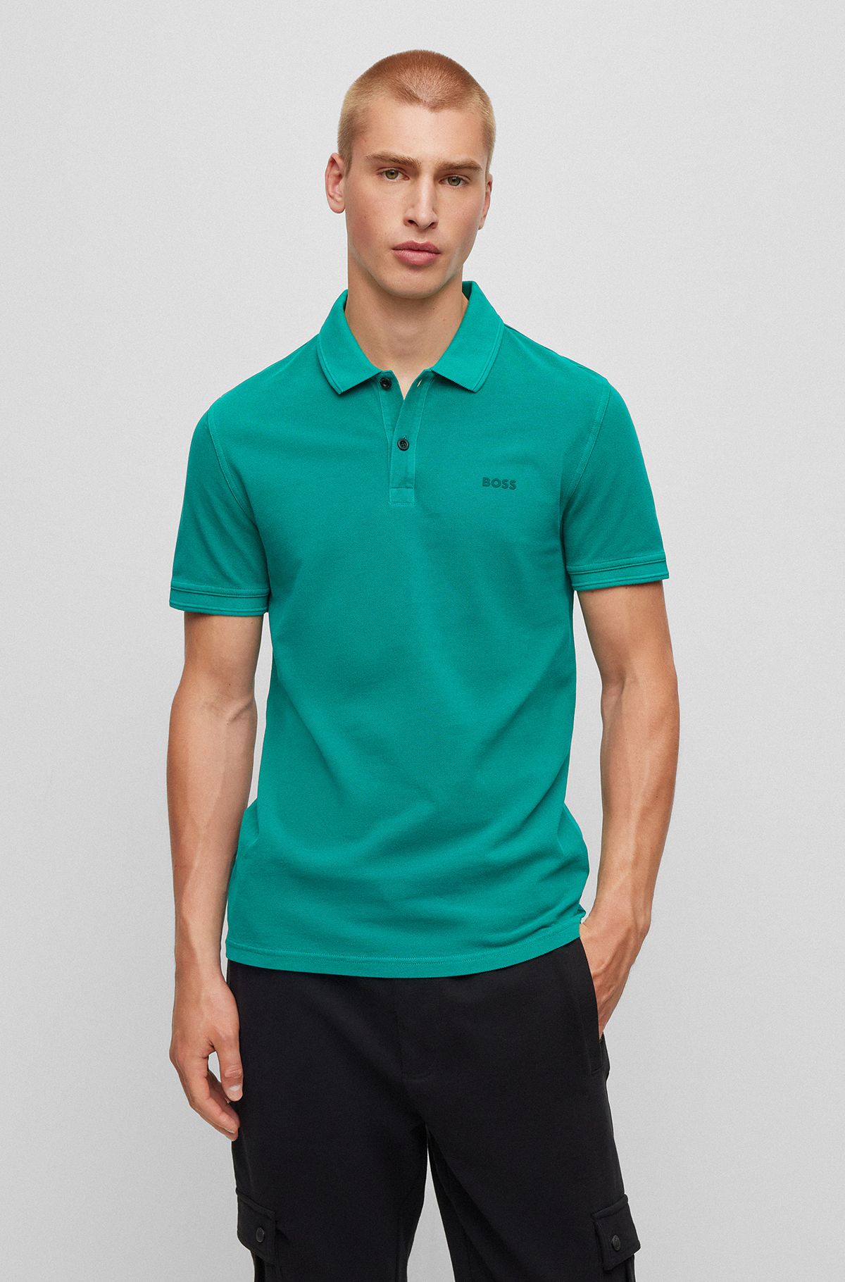 Slim-fit polo shirt in cotton piqué, Turquoise