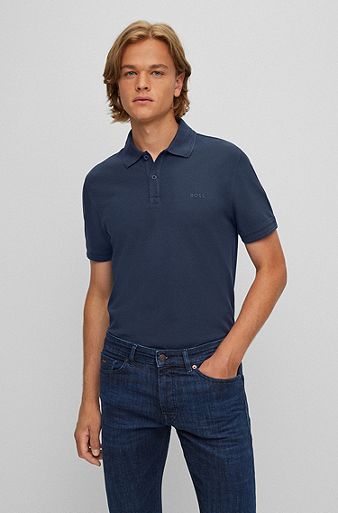 Slim-fit polo shirt in cotton piqué, Dark Blue