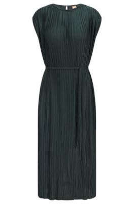 BOSS - Plissé dress with belted waist and branded button