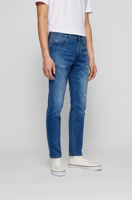Tapered-fit jeans van blauw comfortabel gebreid denim, Donkerblauw