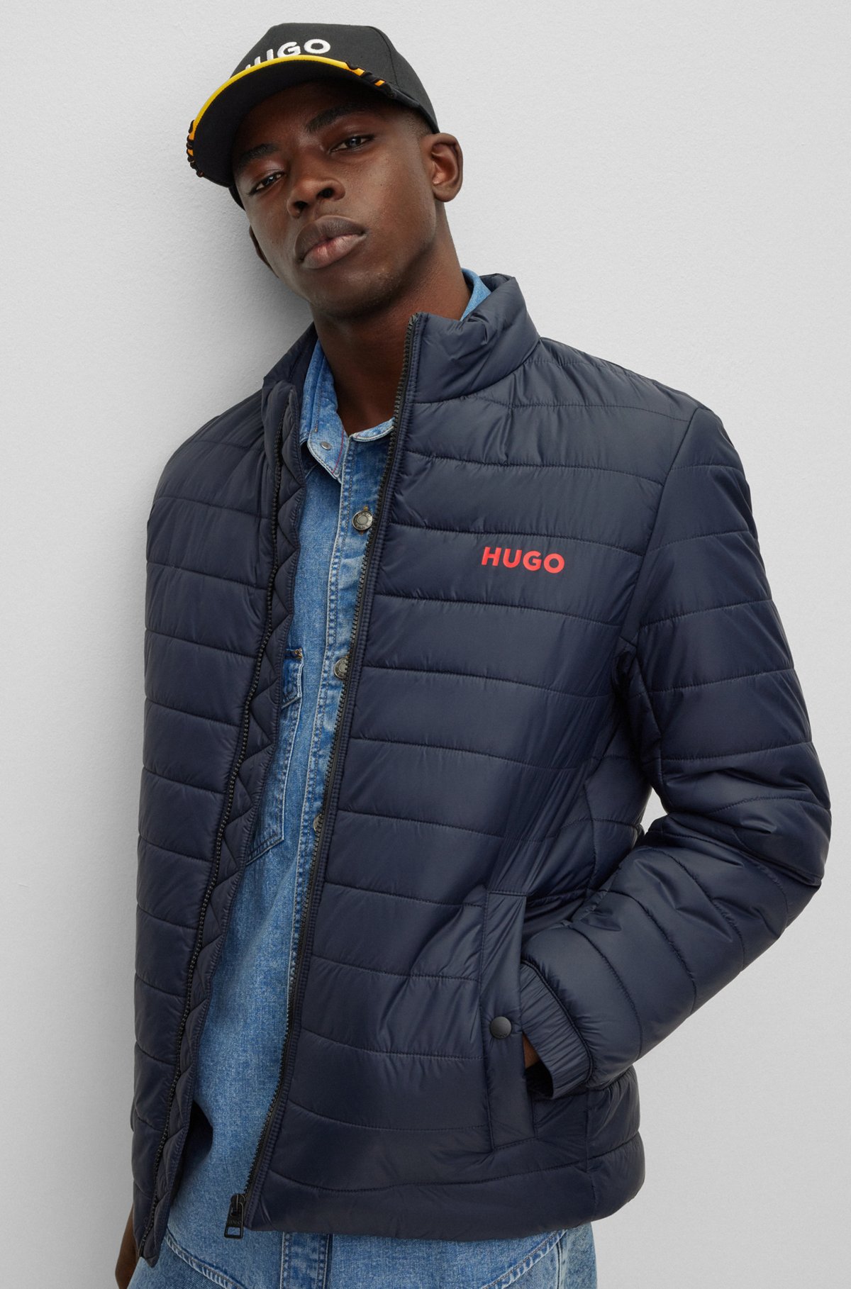 Water-repellent slim-fit jacket with logo print, Dark Blue