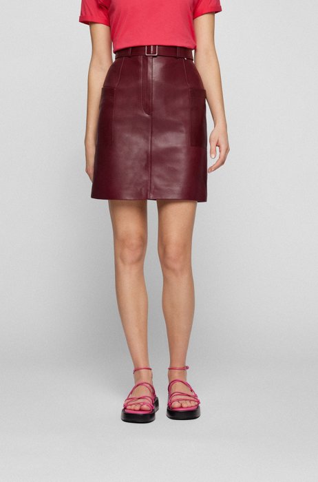 Belted leather skirt with patch side pockets, Dark Red