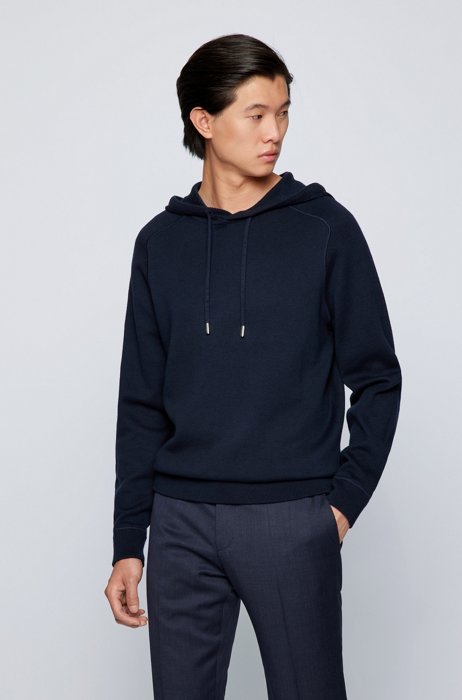 Hooded sweater in cotton and virgin wool, Dark Blue