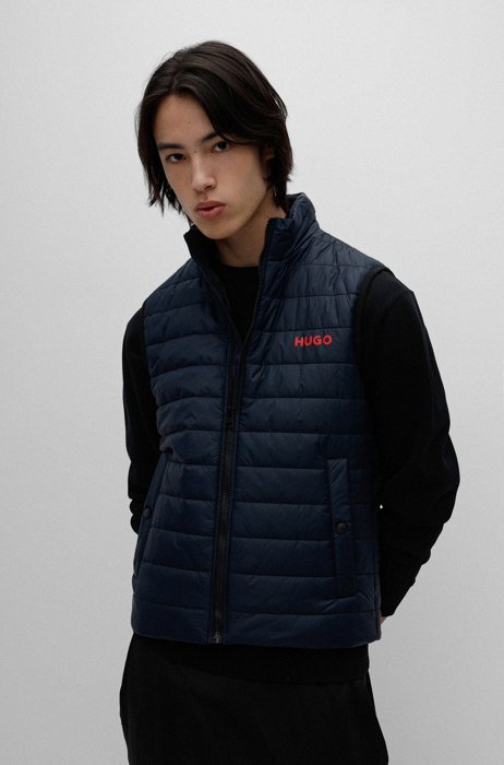 Slim-fit water-repellent padded gilet with contrast logo, Dark Blue