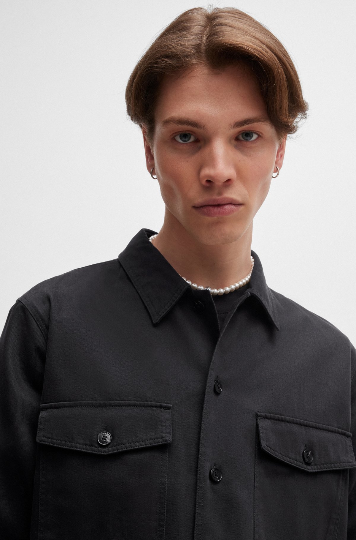 HUGO   Oversized fit overshirt in cotton twill with camp collar