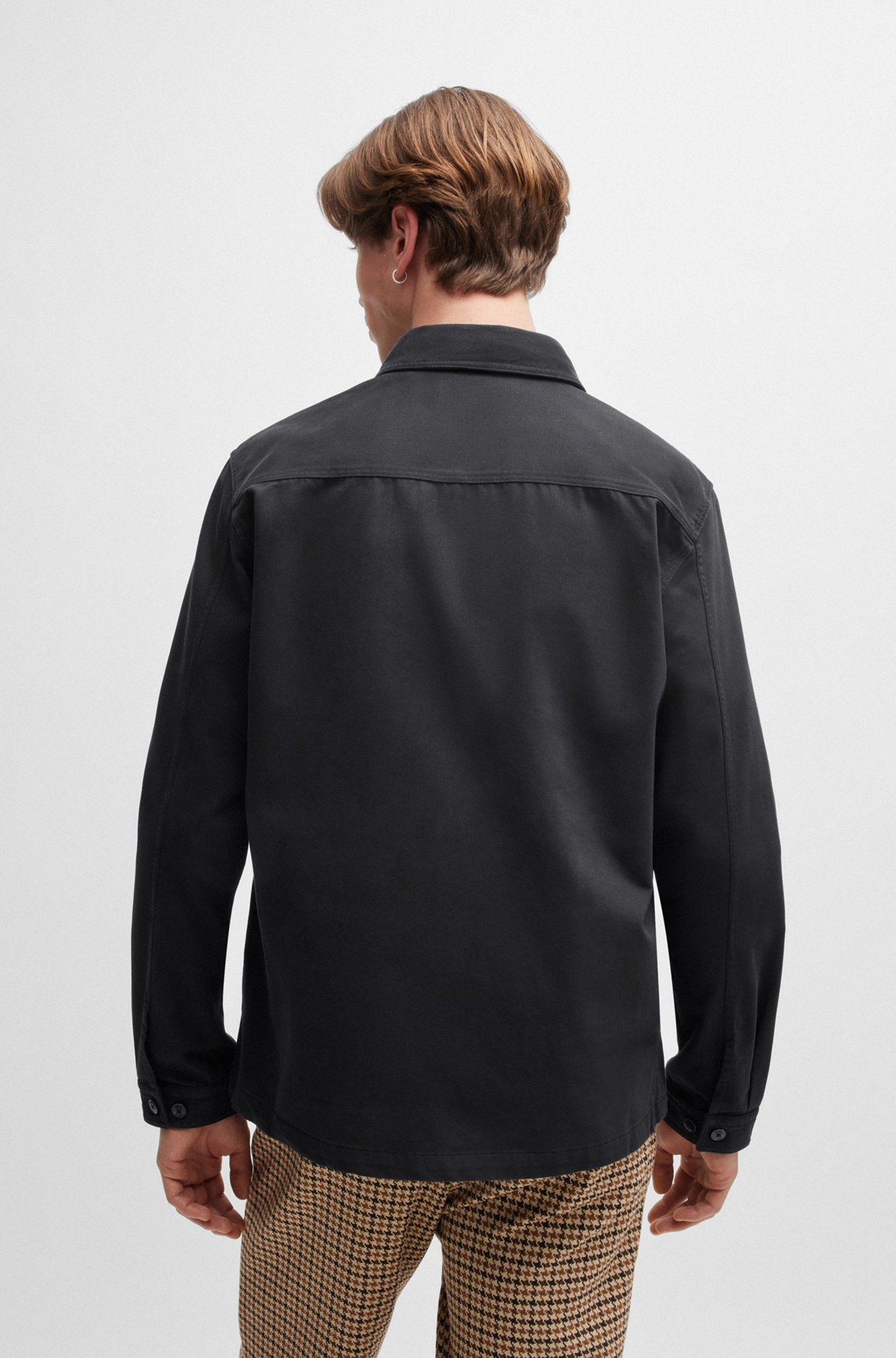 Oversized-fit overshirt in cotton twill with camp collar, Black
