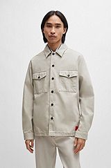 Oversized-fit overshirt in cotton twill with camp collar, Beige