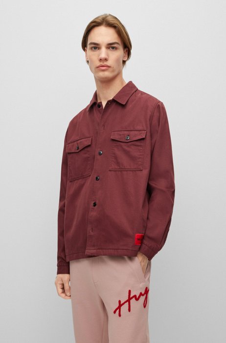 Oversized-fit overshirt in organic cotton with logo label, Dark Red