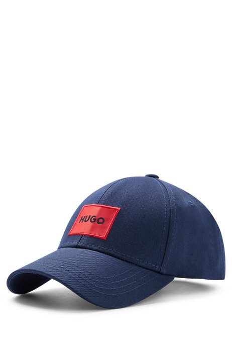 Cappellino in twill di cotone con etichetta con logo rossa, Blu scuro