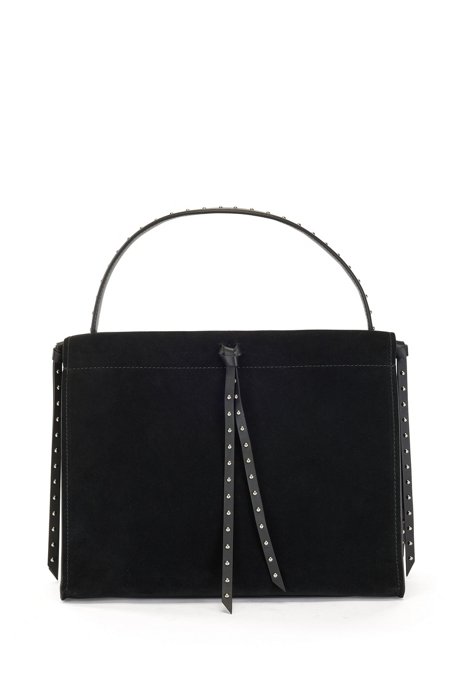 Suede tote bag with studded leather laces, Black