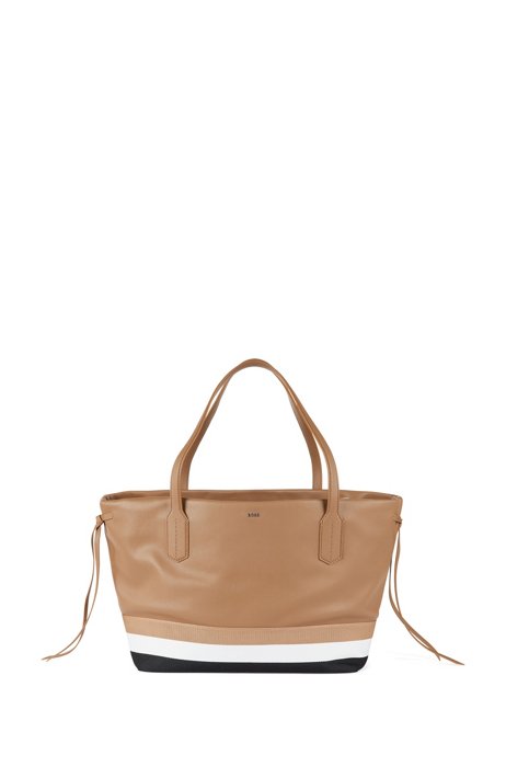 Faux-leather shopper bag with signature stripe, Beige