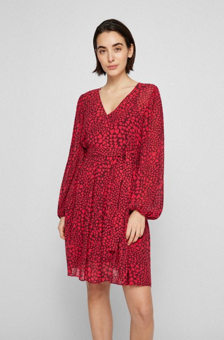 Heart-print V-neck dress in crinkle crepe, Red Patterned