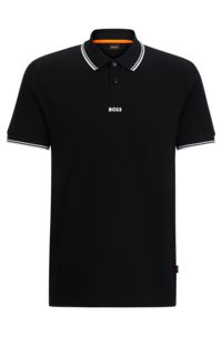Cotton-piqué polo shirt with contrast logo and tipping, Black