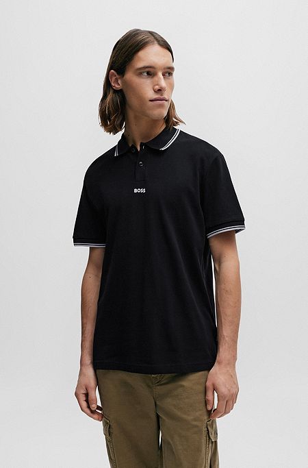 Cotton-piqué polo shirt with contrast logo and tipping, Black