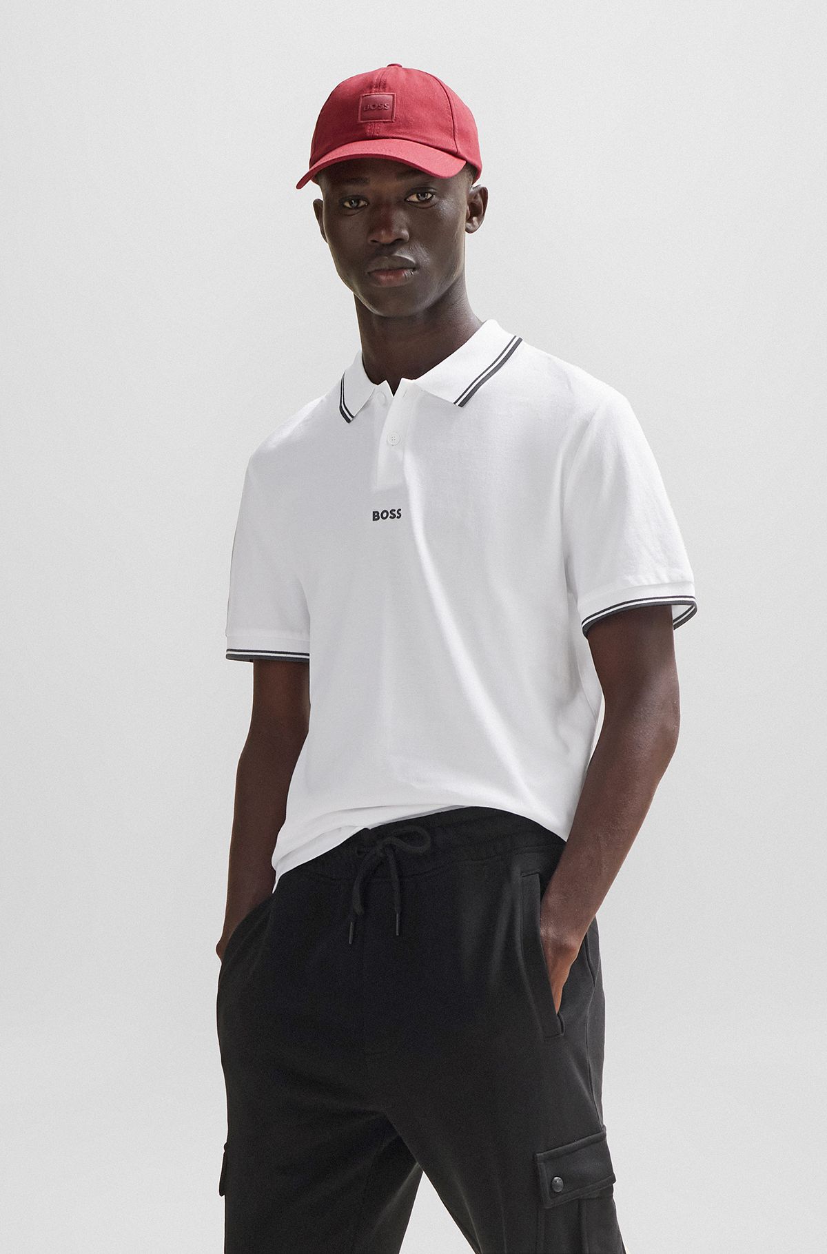 Cotton-piqué polo shirt with contrast logo and tipping, White