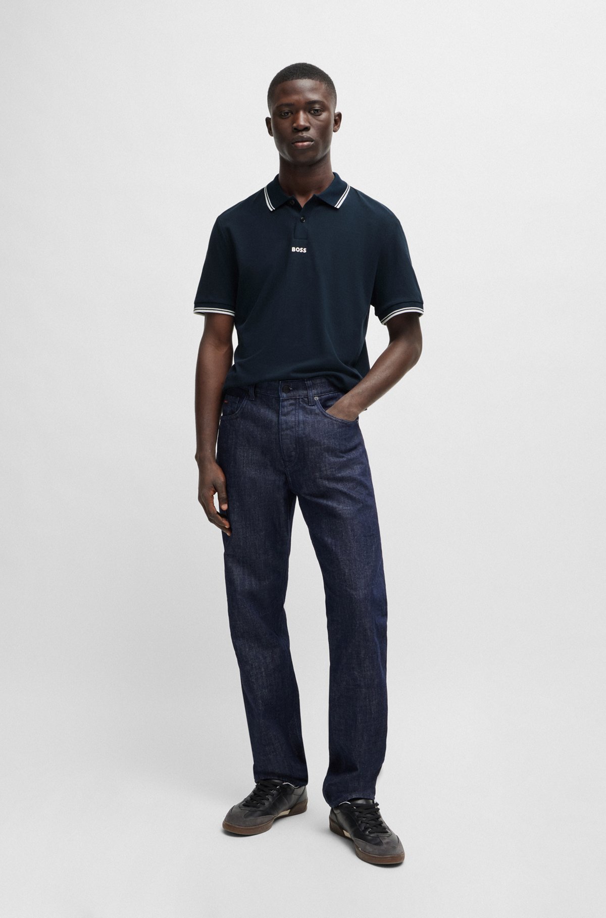 Cotton-piqué polo shirt with contrast logo and tipping, Dark Blue